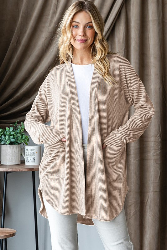 Long Sleeve Solid Urban Ribbed Cardi - sand beige